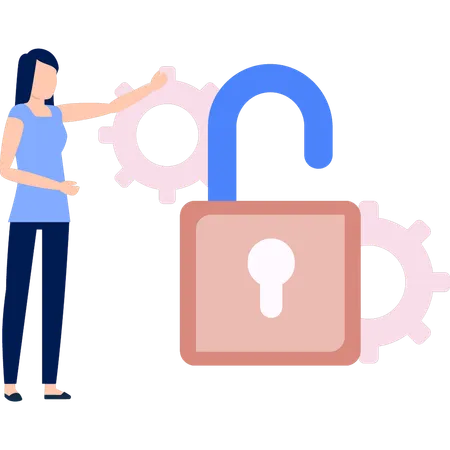 A Girl Is Pointing To The Open Lock Illustration