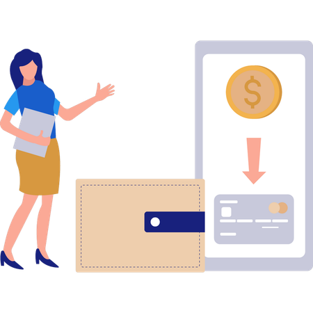 Woman pointing to pay by credit card  Illustration