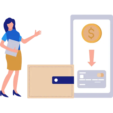 Woman pointing to pay by credit card  Illustration
