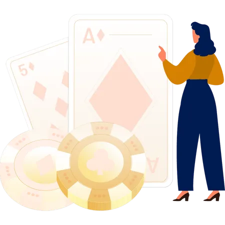 Woman pointing to poker cards  Illustration