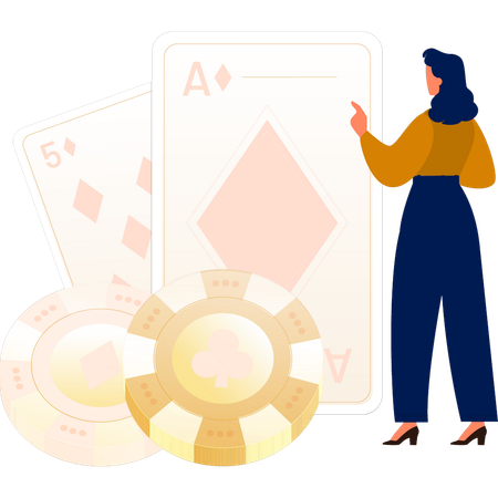 Woman pointing to poker cards  Illustration