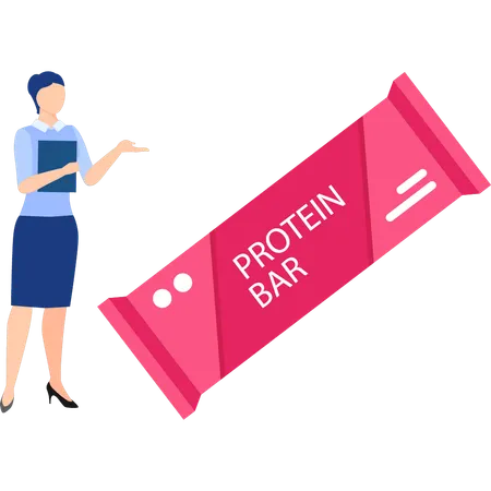 Woman pointing to protein bar  Illustration