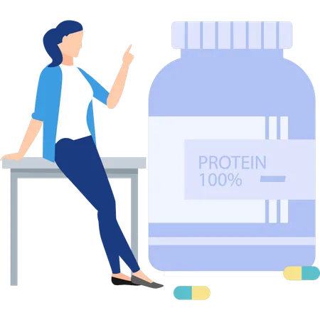 Woman pointing to protein jar  Illustration