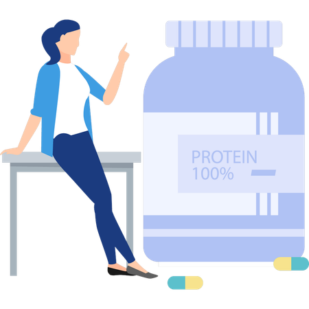 Woman pointing to protein jar  Illustration