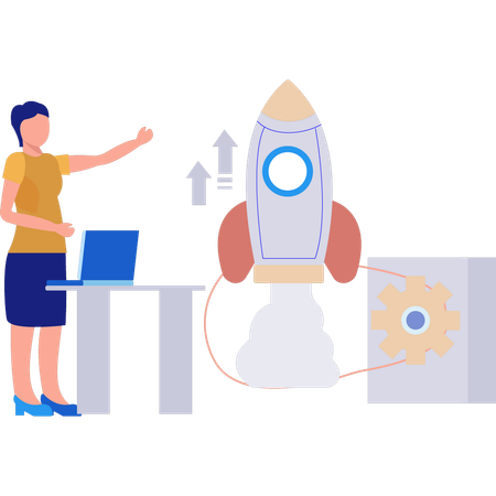 Woman pointing to rocket  Illustration