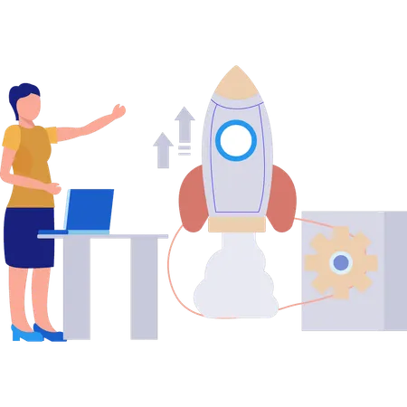 Woman pointing to rocket  Illustration