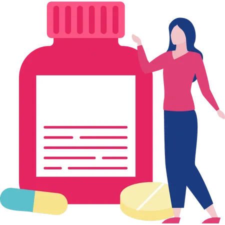 Woman pointing to  vitamin jar  Illustration