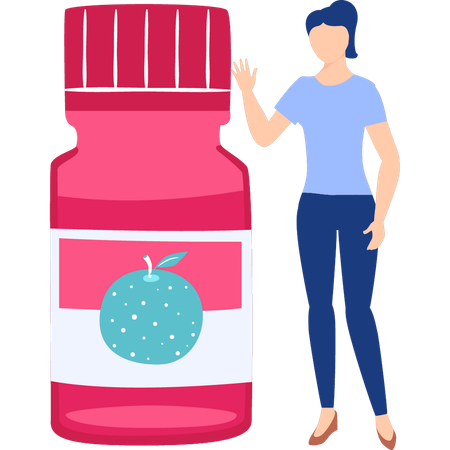 Woman pointing to vitamin syrup  Illustration