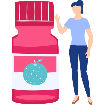 Woman pointing to vitamin syrup  Illustration