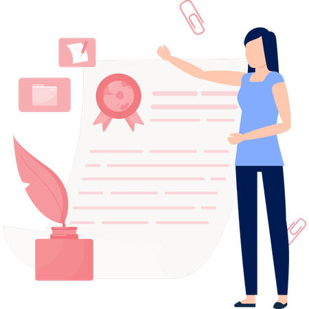 Woman pointing towards certificate  Illustration