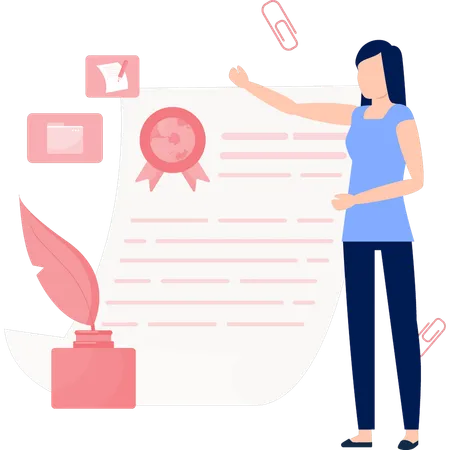 Woman pointing towards certificate  Illustration