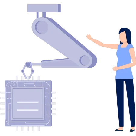 Woman pointing towards industrial robot  Illustration