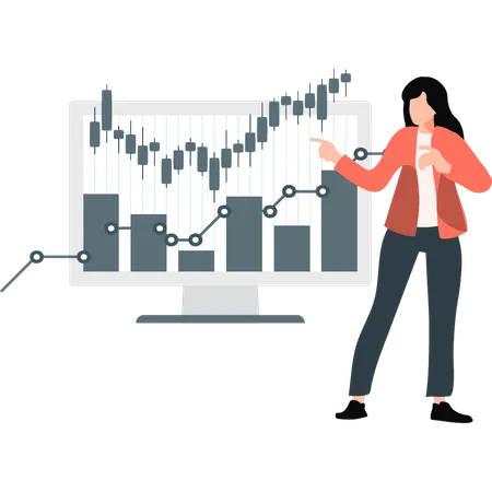 주식거래 시장을 가리키는 여성  일러스트레이션