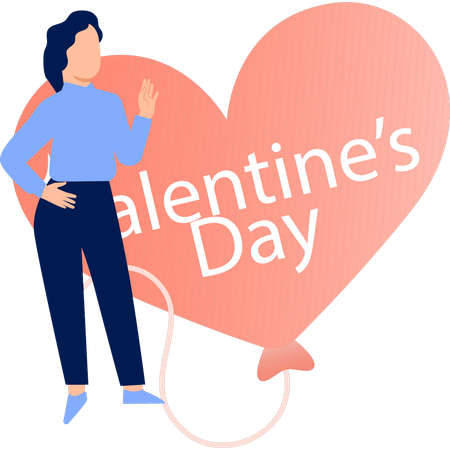 Woman pointing valentines day heart balloon  Illustration