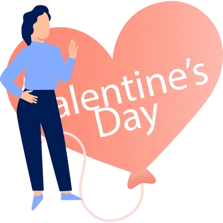 Woman pointing valentines day heart balloon  Illustration