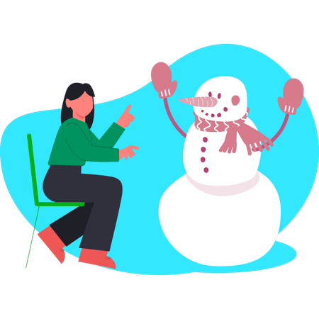Woman pointing winter snowman  Illustration