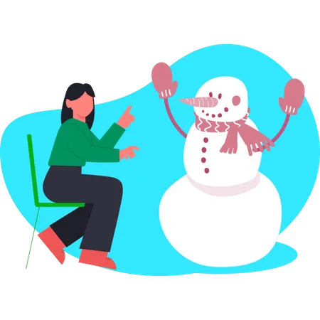 Woman pointing winter snowman  Illustration