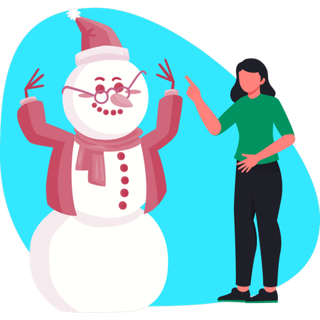 Woman pointing winter snowman  Illustration