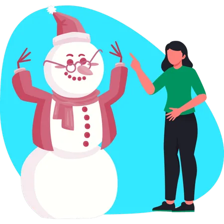 Woman pointing winter snowman  Illustration