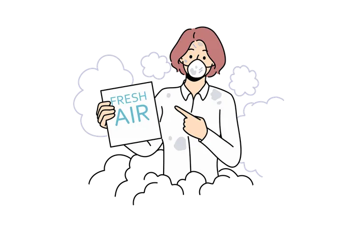 Woman points at fresh air board  Illustration