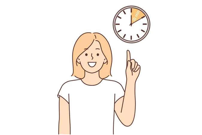 Woman Points Finger At Clock Reminding Of Break And Desire To Have Time To Rest In 10 Minutes Girl Stands Near Clock And Pats You So As Not To Be Late For Important Meeting With Friends Illustration