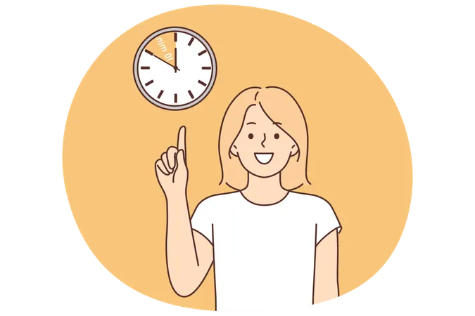Woman points finger at clock reminding of break and desire to have time to rest in 10 minutes  Illustration