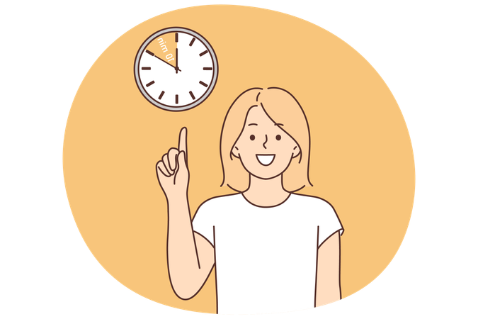 Woman points finger at clock reminding of break and desire to have time to rest in 10 minutes Illustration