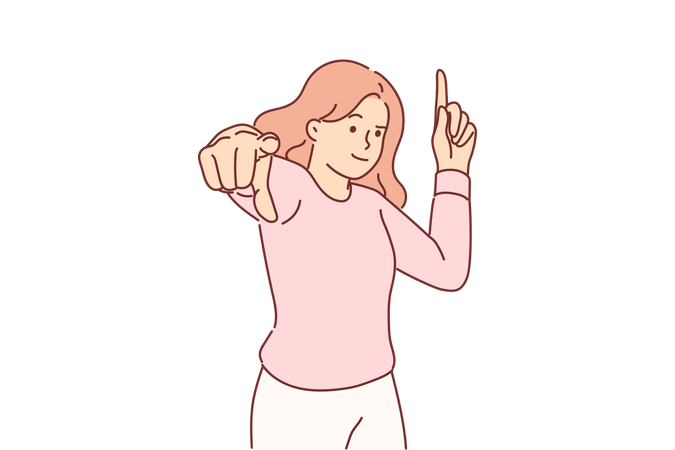 Woman points finger up and at screen  Illustration