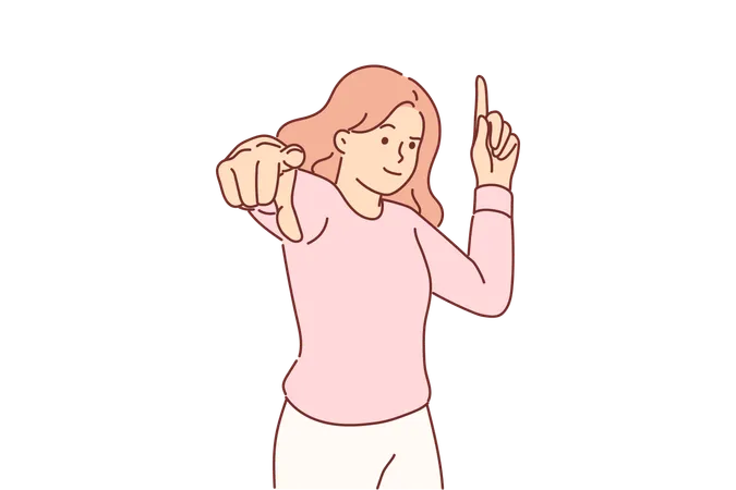 Woman Points Finger Up And At Screen Urging People To Pay Attention To Ad Or Support Protest Confident Girl With Long Hair Pointing At Display Drawing Attention To Socially Important Issue Illustration