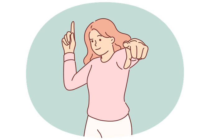 女性が指を上に向け、画面を指差す  イラスト