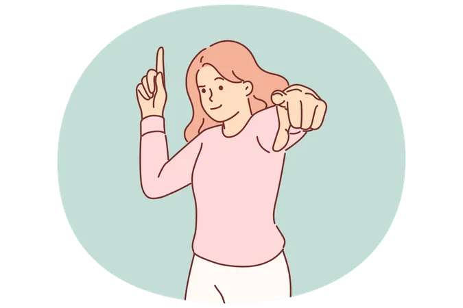 女性が指を上に向け、画面を指差す  イラスト