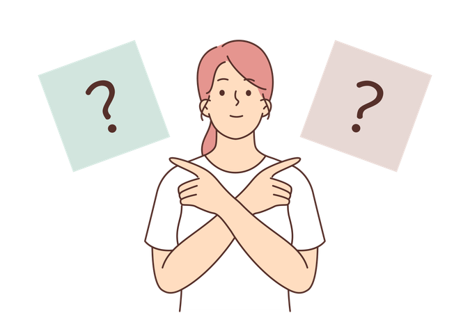 Woman points fingers in different directions trying to choose  イラスト