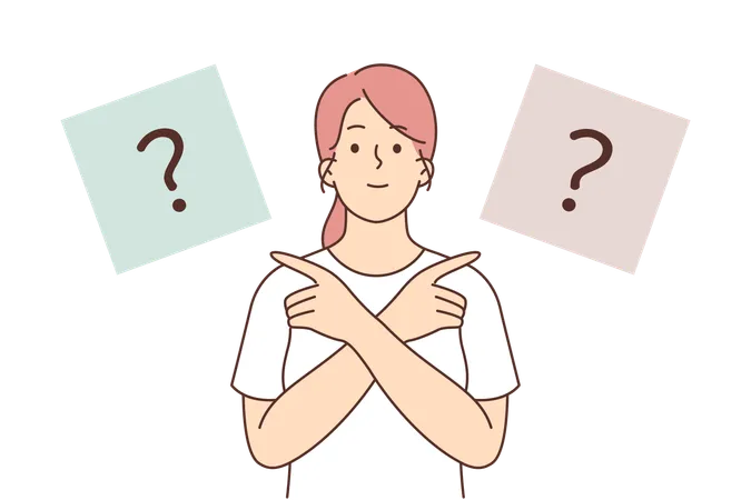 Woman points fingers in different directions trying to choose  イラスト