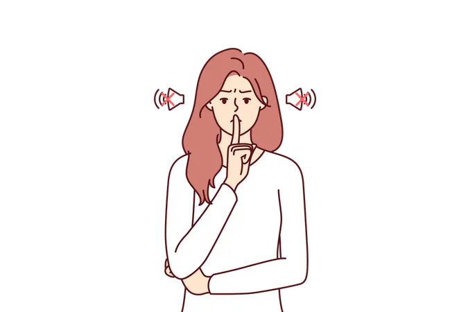 Frowning Woman Makes Tss Gesture Calling For Phones To Be Turned Off Or To Speak More Quietly Girl Orders Silence Showing Tss Sign With Hand To Calm Down Hyperactive Children Making Lot Of Noise Illustration