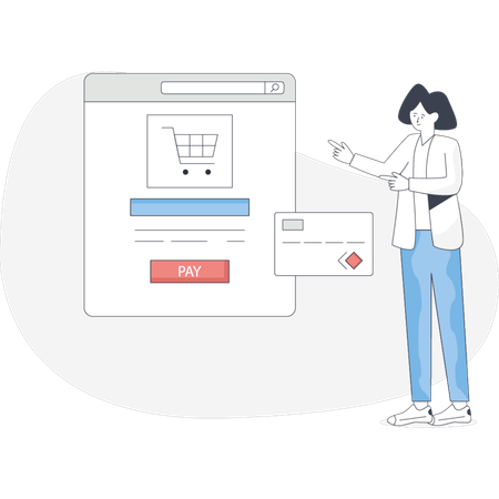 Woman points to a shopping cart icon on a website indicating an online shopping feature  Illustration