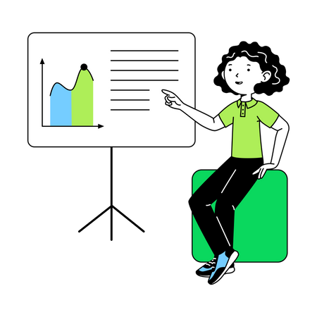 Woman points to graphs in report  Illustration