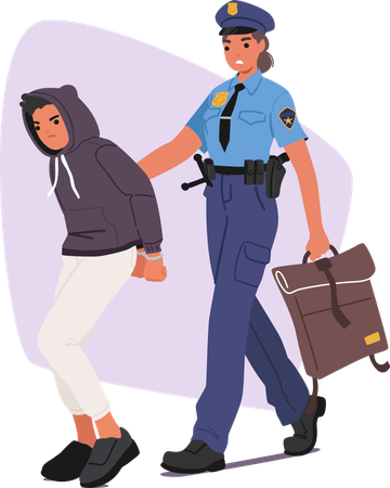 Woman police officer arresting teenage boy leading offender to police station  Illustration