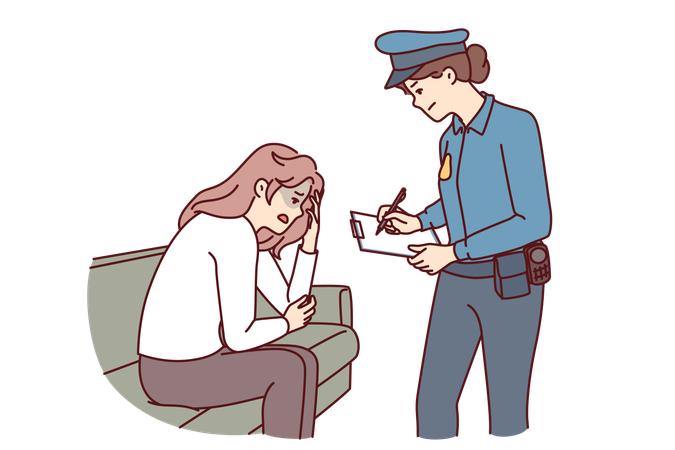 Woman police officer interrogates victim of robbery  Illustration