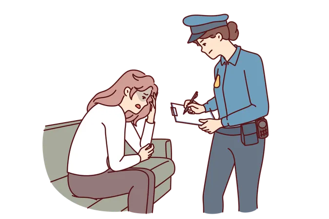 Woman Police Officer Interrogates Victim Of Robbery Or Attempted Sexual Assault To Find Perpetrator Police Officer Investigates Crimes Recording Girl Testimony For Further Investigation Illustration