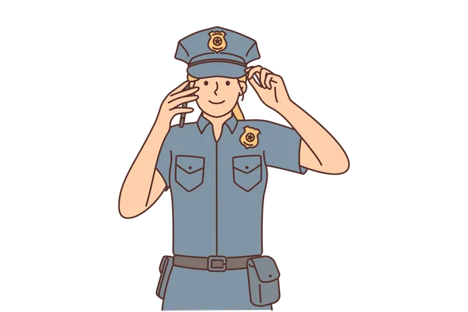 Woman Police Officer With Phone Makes Call To Colleagues Reporting Solved Crime Or Important Evidence Girl In Cap And Uniform Of Police Officer Puts Smartphone To Ear With Smile And Looks At Screen Illustration