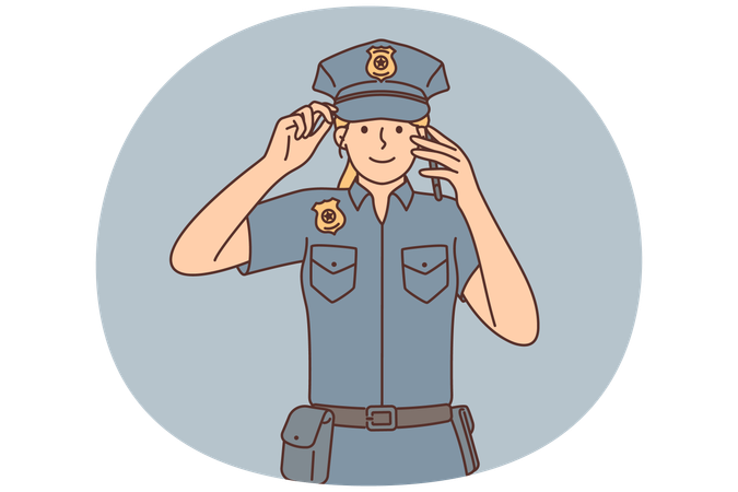 Woman police officer with phone makes call to colleagues reporting solved crime  Illustration