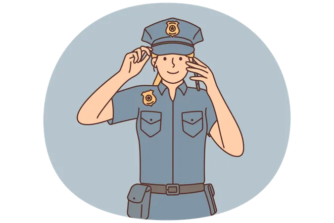 Woman police officer with phone makes call to colleagues reporting solved crime  Illustration