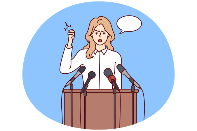 Woman politician speaks stands near wooden tribune with microphones and waving hand  Illustration
