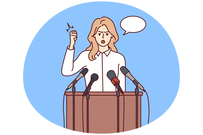 Woman politician speaks stands near wooden tribune with microphones and waving hand  Illustration