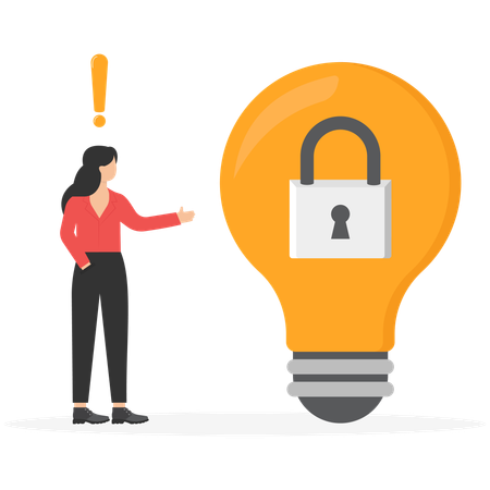 Woman pondered next to bulb with lock  Illustration