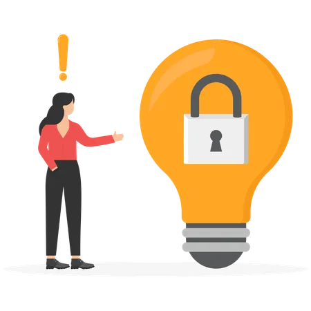 Woman pondered next to bulb with lock  Illustration
