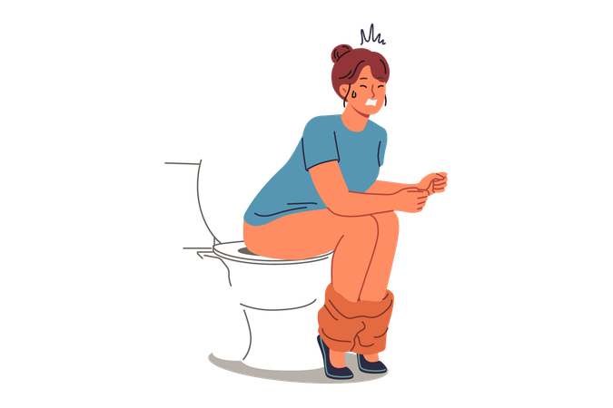 Woman poops sitting on toilet and suffers from constipation caused by indigestion or stomach  Illustration