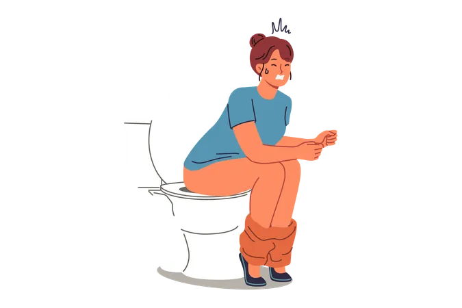 Woman Poops Sitting On Toilet And Suffers From Constipation Caused By Indigestion Or Stomach Problems Girl Pushing On Toilet In WC Needing Medicinal Laxatives To Normalize Health Illustration