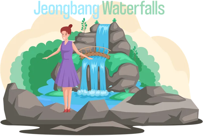 Woman posing at Jeongbang Waterfall  Illustration