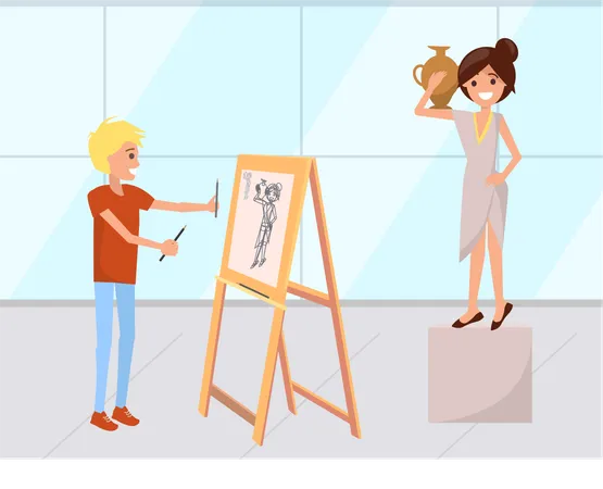 Woman Posing to Painter Drawing Picture  Illustration